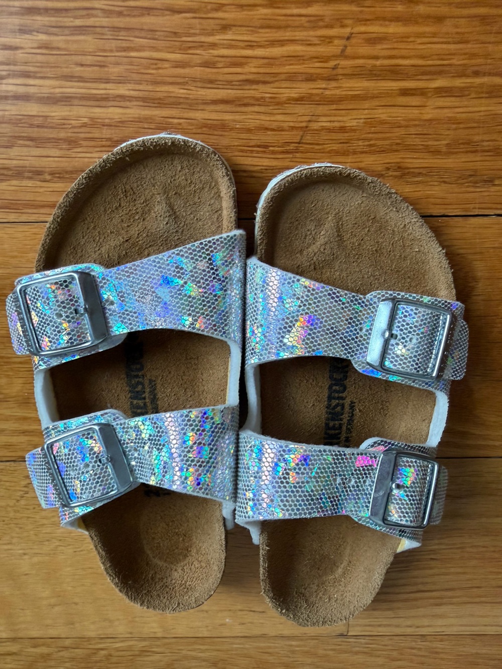 Work ONCE Birkenstock Kids Holographic Silver Double-Buckle Sandals